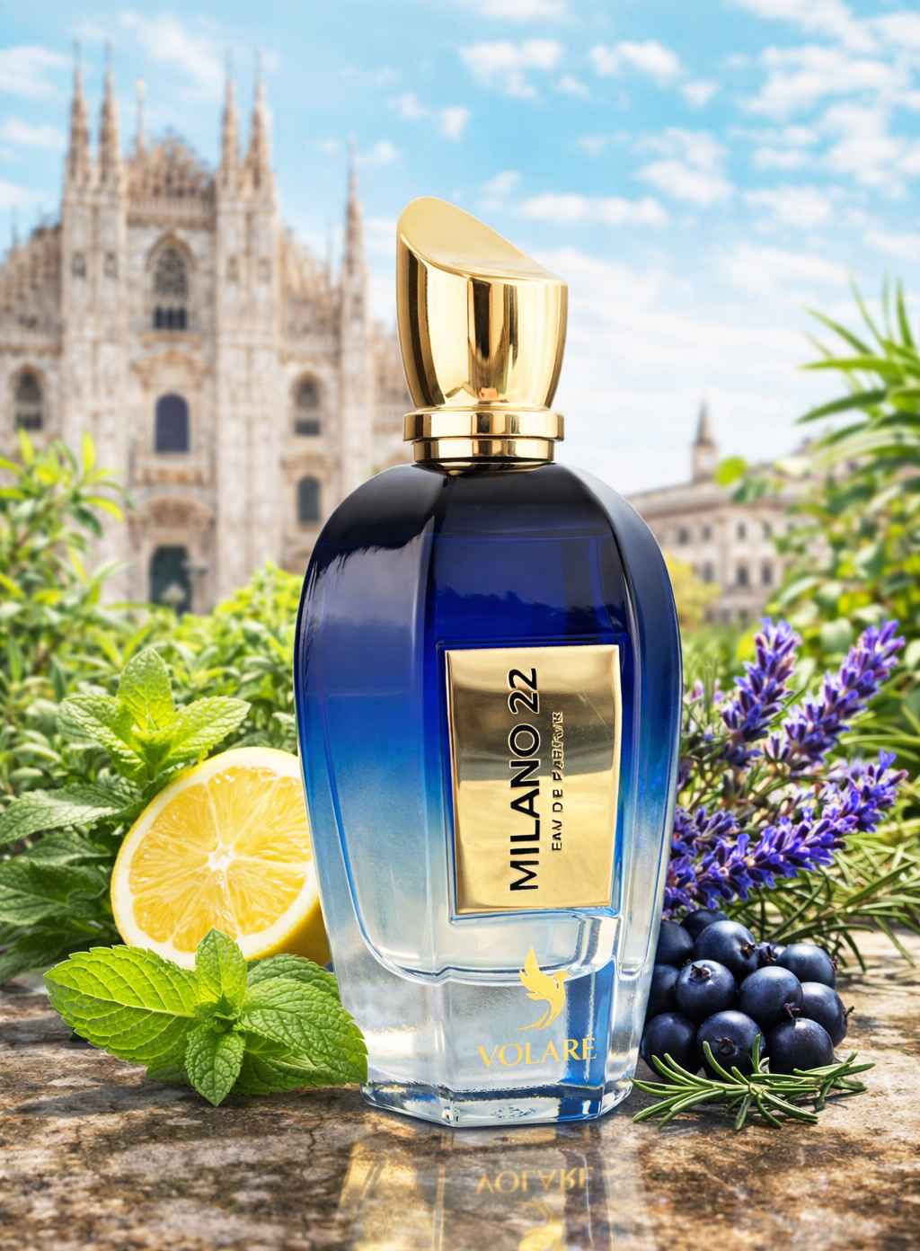 Volare Milano 22 frasco rodeado de menta, limón y hierbas en ambiente natural
