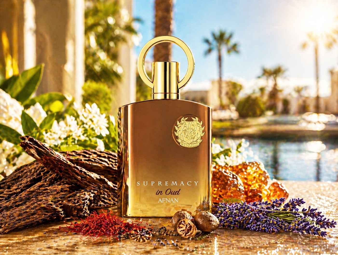 Afnan Supremacy in Oud composición visual con tonos oscuros y ambiente intenso