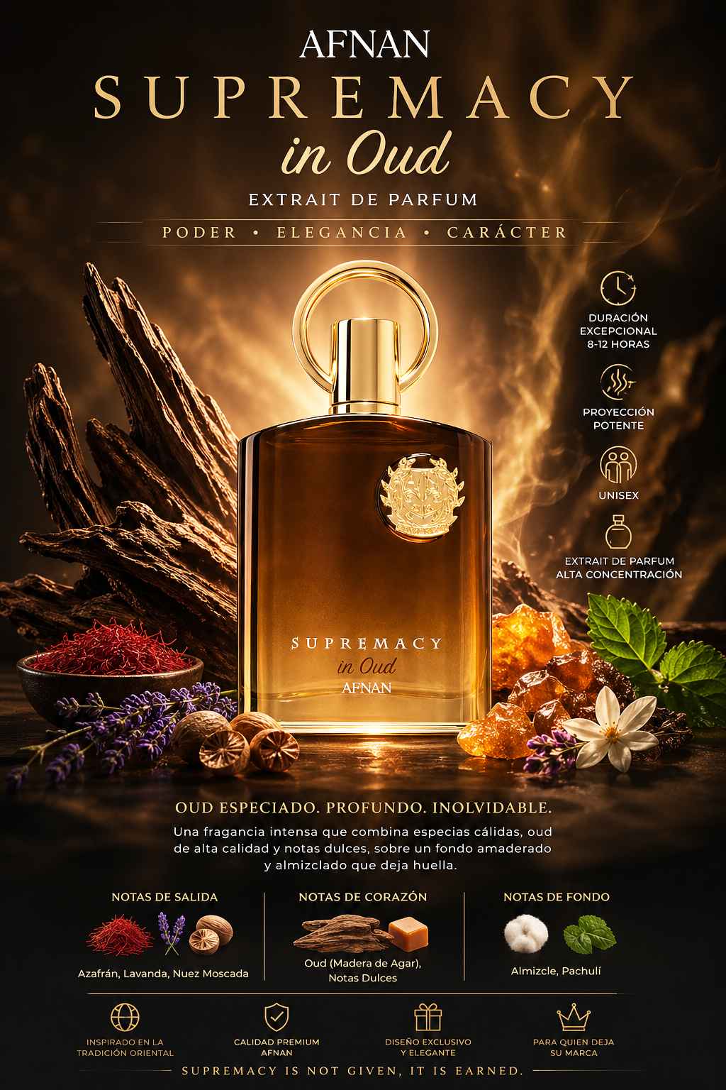 Afnan Supremacy in Oud anuncio con modelo en escena nocturna elegante