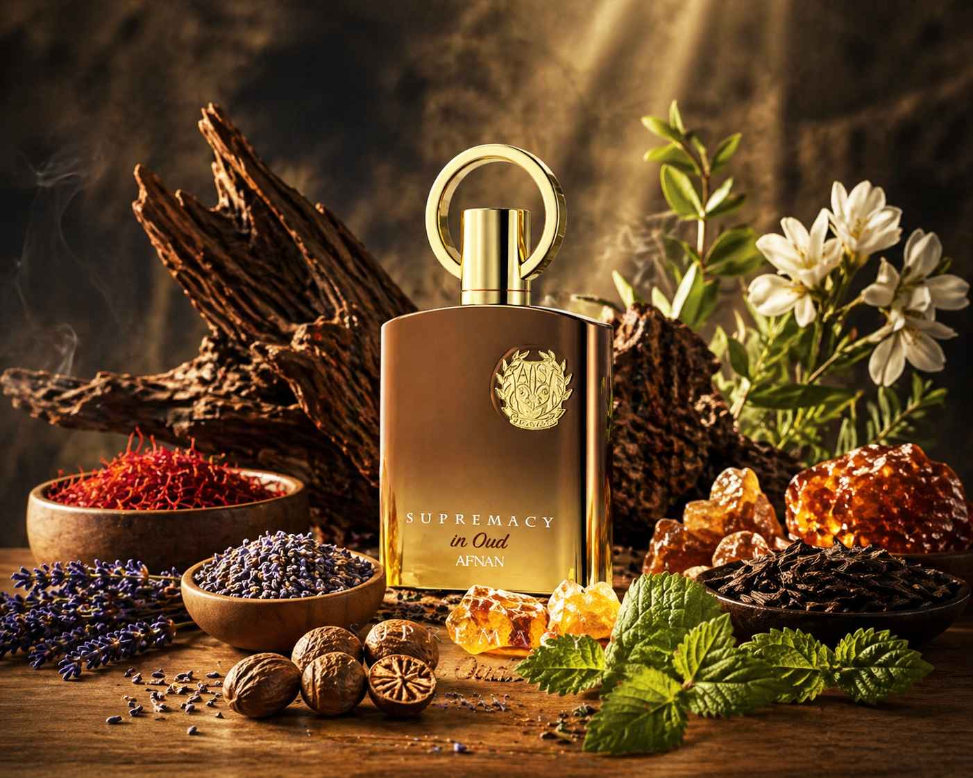 Afnan Supremacy in Oud rodeado de madera de oud y especias en ambiente cálido