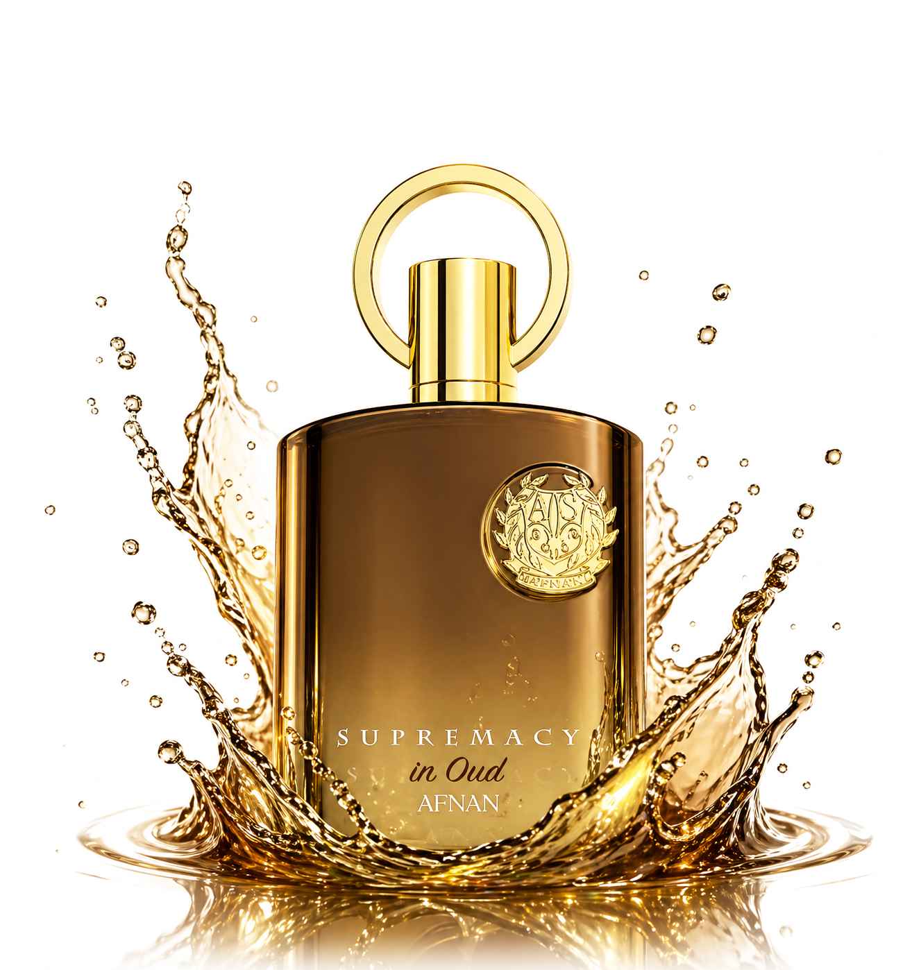 Afnan Supremacy in Oud frasco con líquido oscuro en movimiento estilo splash intenso
