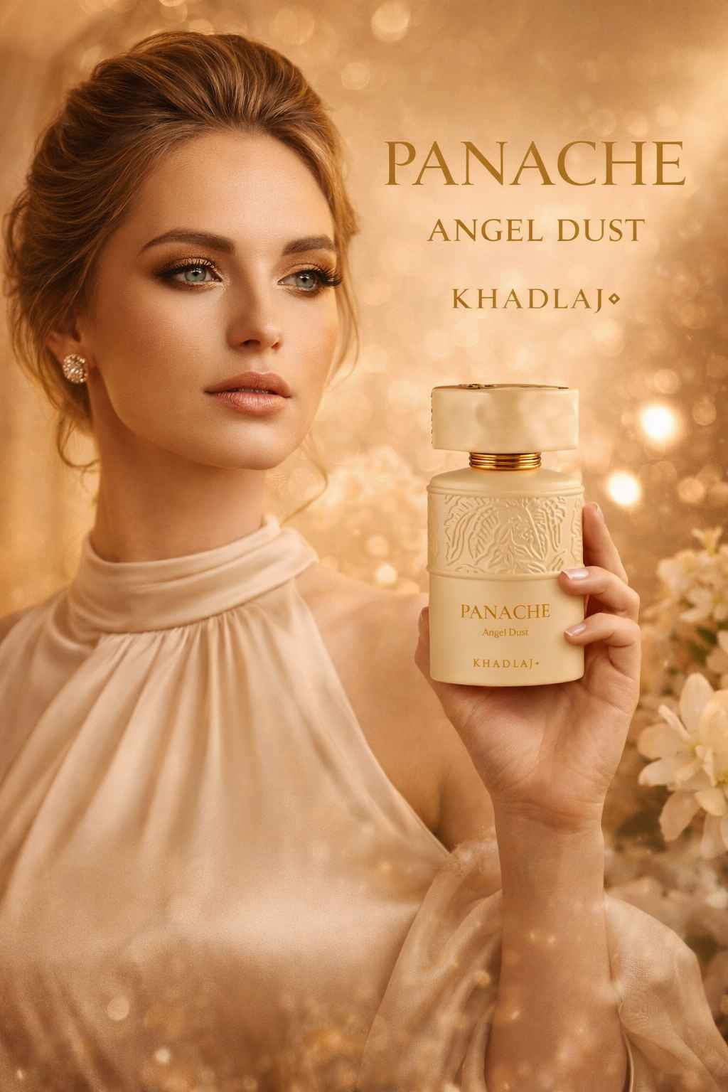 Khadlaj Panache Angel Dust campaña publicitaria con modelo en ambiente cálido dorado