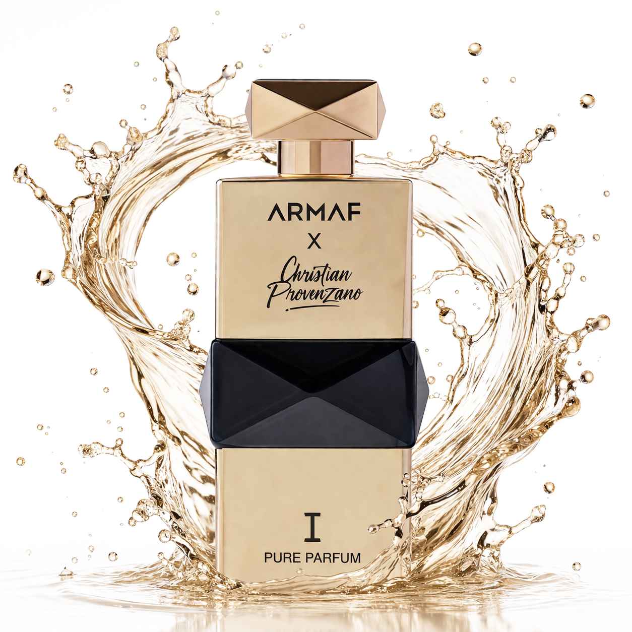 Armaf Christian Provenzano I frasco de perfume con splash dorado en movimiento