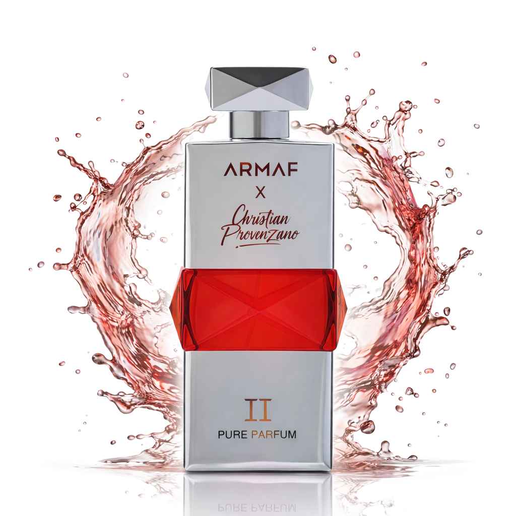 Armaf Christian Provenzano II frasco de perfume con splash dorado en movimiento