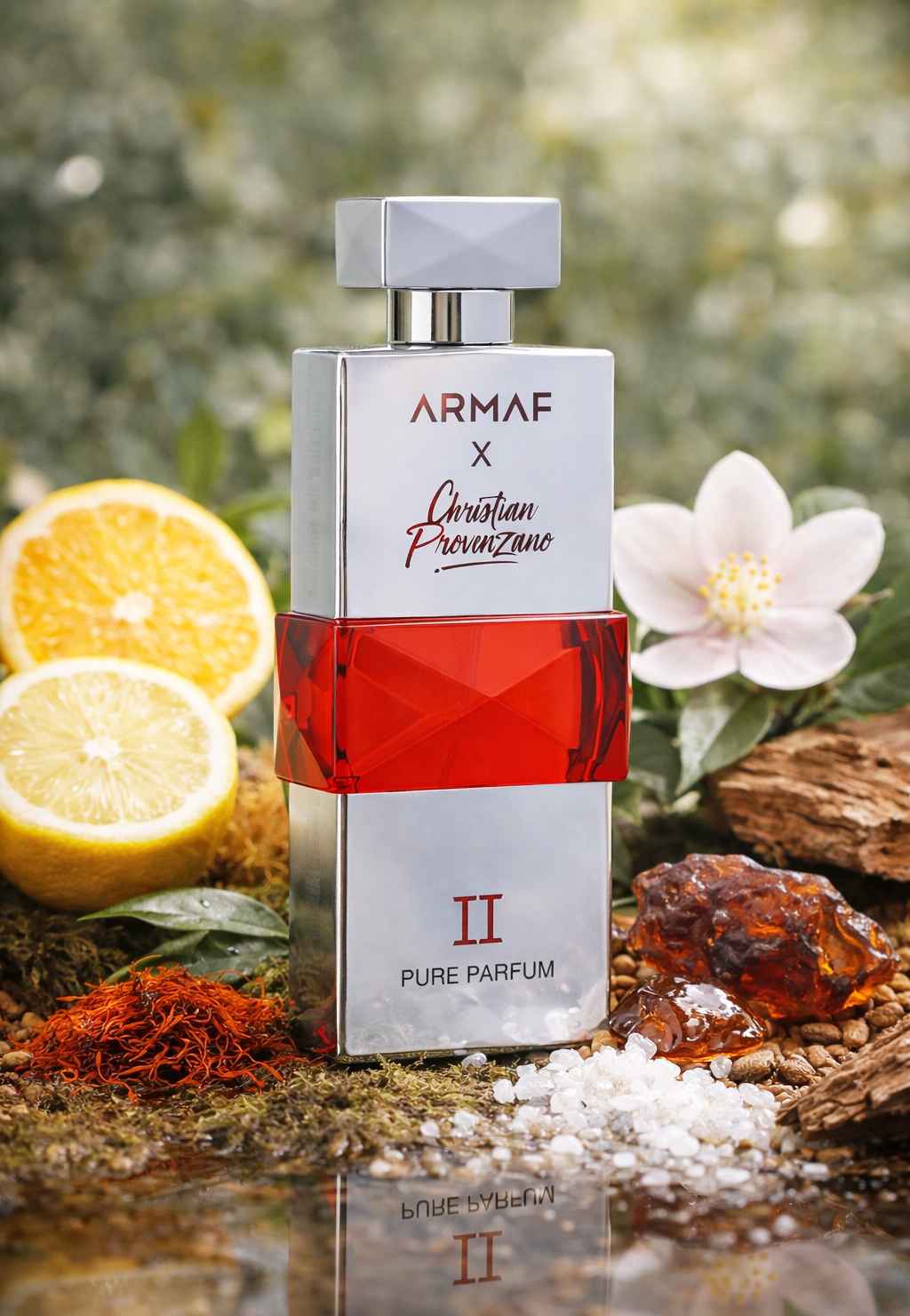 Armaf Christian Provenzano II frasco rodeado de especias y madera en entorno natural