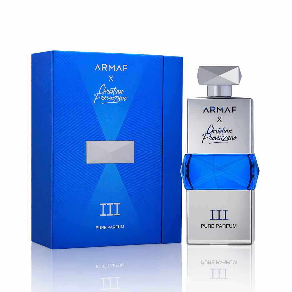 Armaf Christian Provenzano III con caja original y frasco sobre fondo blanco limpio