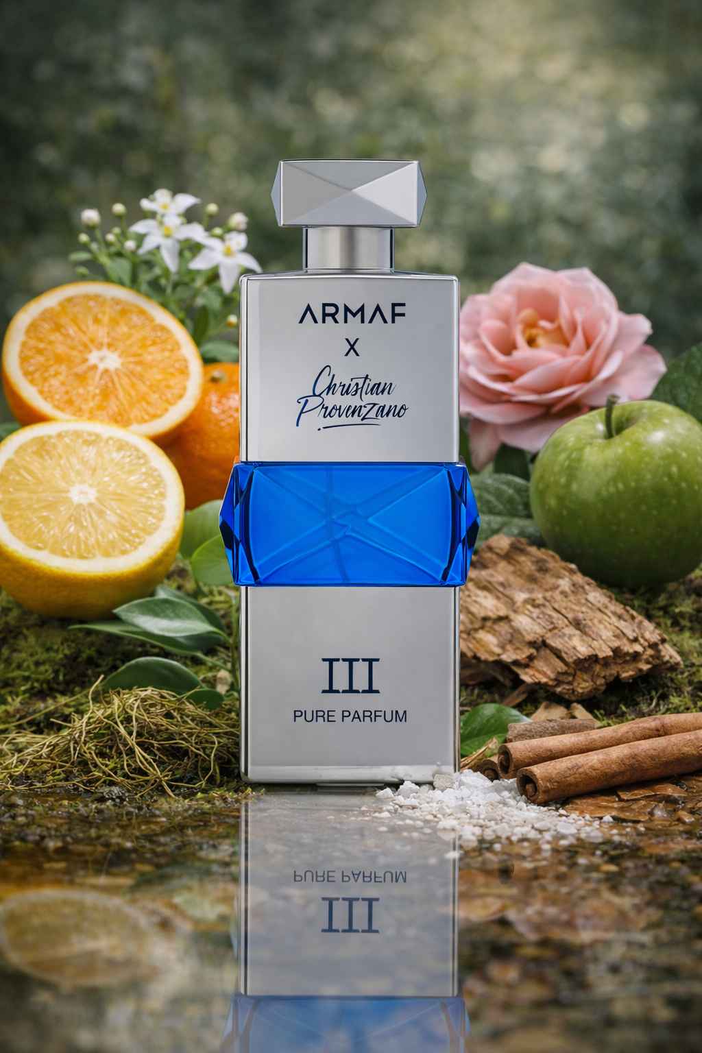 Armaf Christian Provenzano III frasco rodeado de cítricos, manzana y madera en mesa natural
