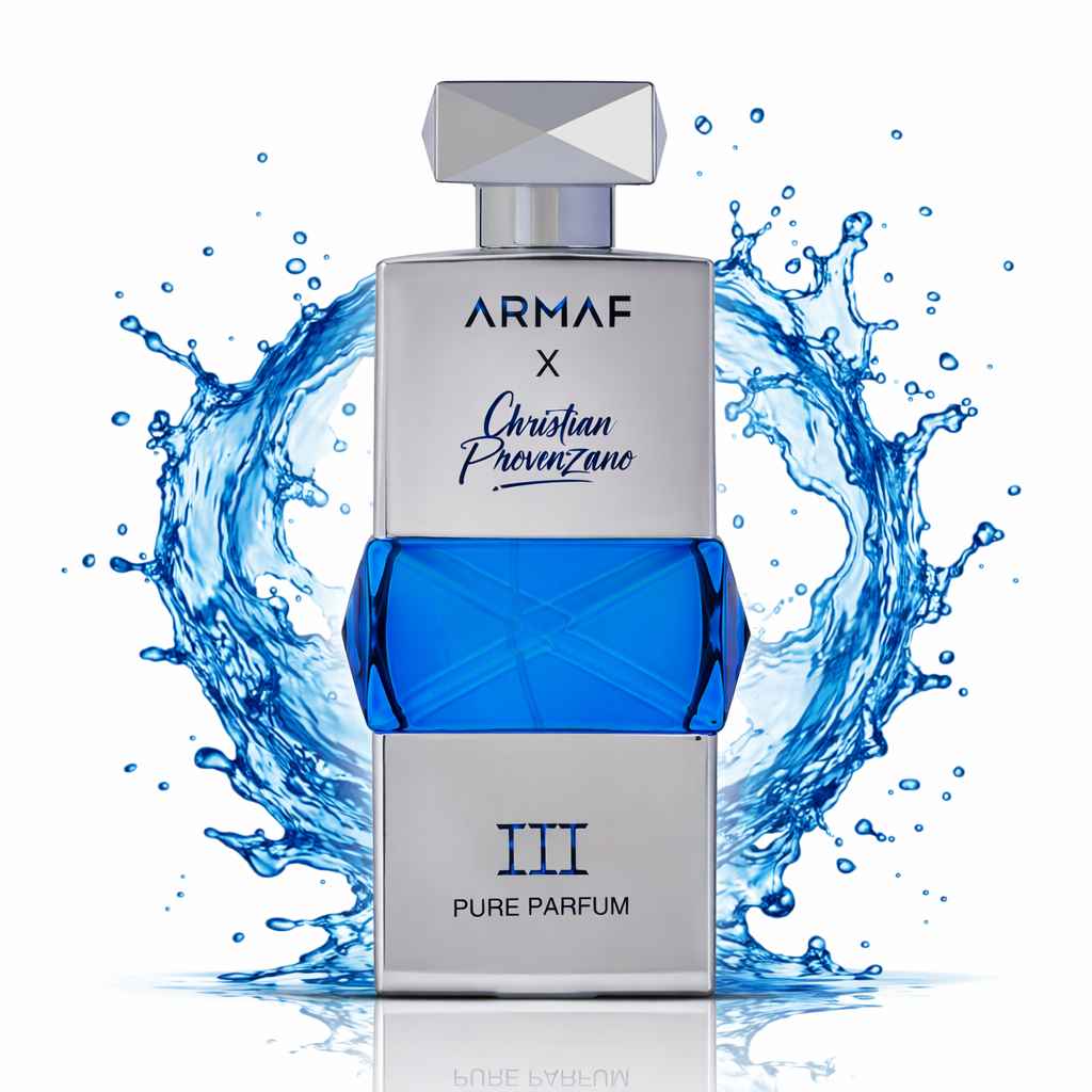 Armaf Christian Provenzano III frasco de perfume con salpicadura roja en movimiento