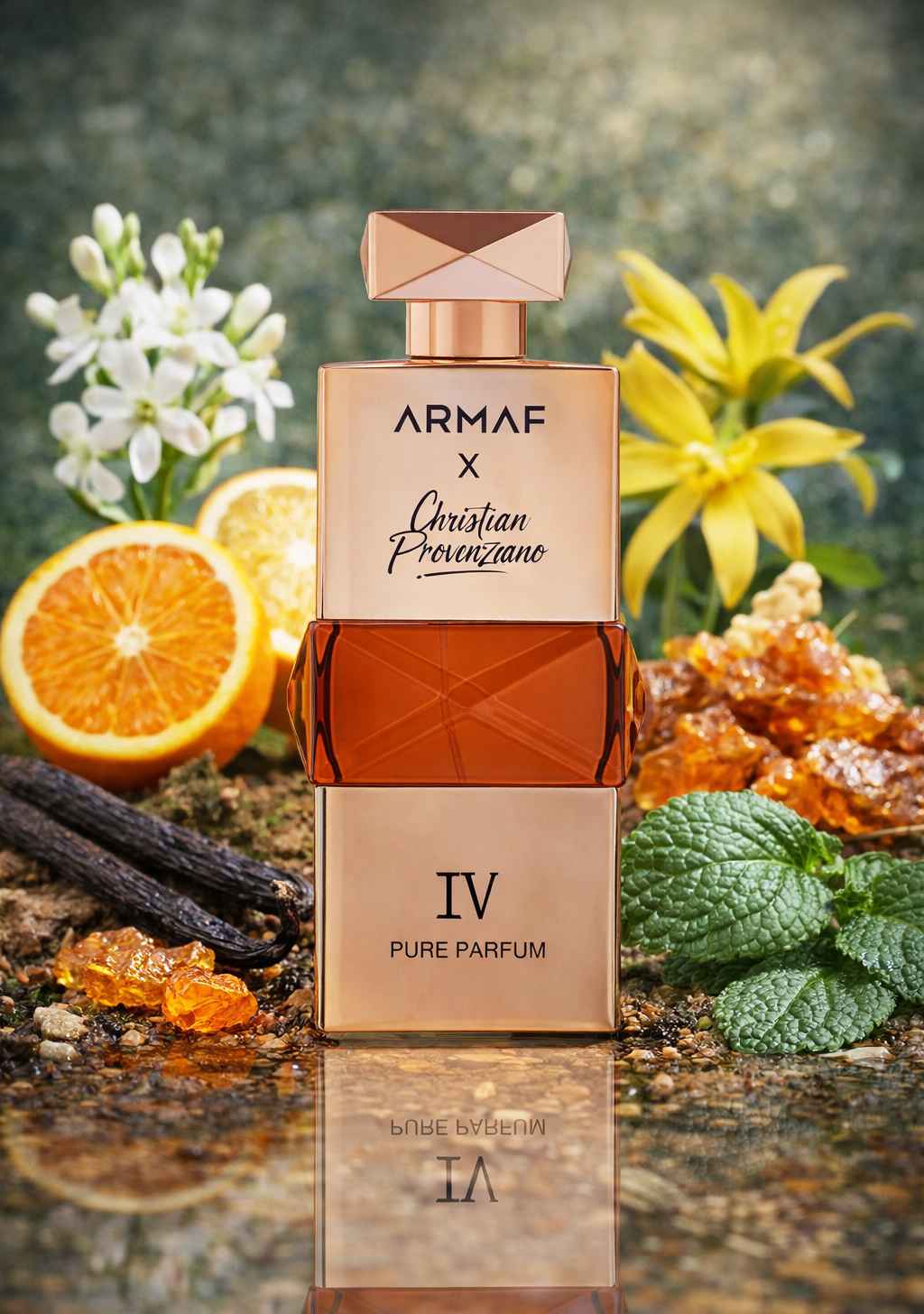 Armaf Christian Provenzano IV frasco rodeado de flores blancas, frutas y madera en entorno natural