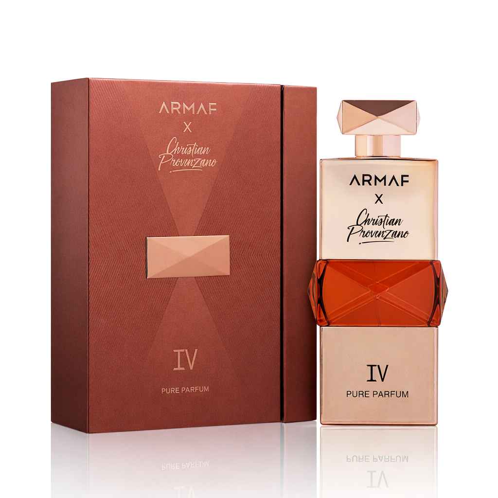 Armaf Christian Provenzano IV con caja original y frasco sobre fondo blanco limpio