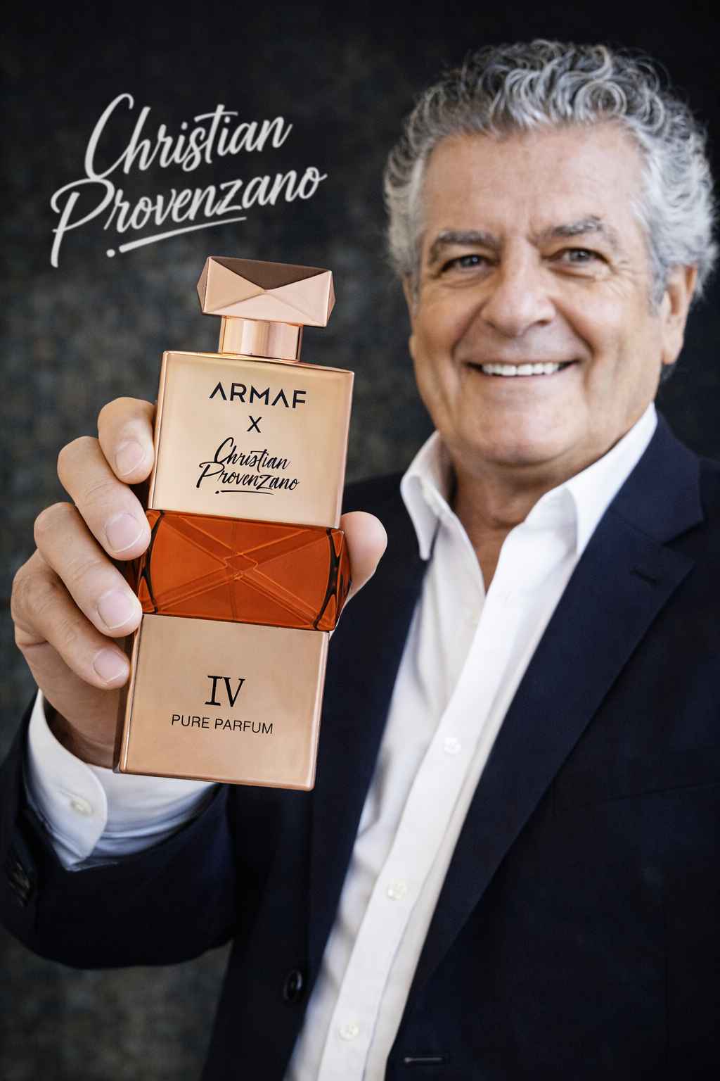 Armaf Christian Provenzano IV perfume con modelo en ambiente elegante interior