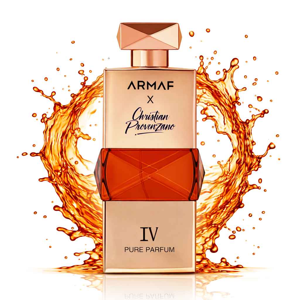 Armaf Christian Provenzano IV frasco de perfume con salpicadura dorada en movimiento