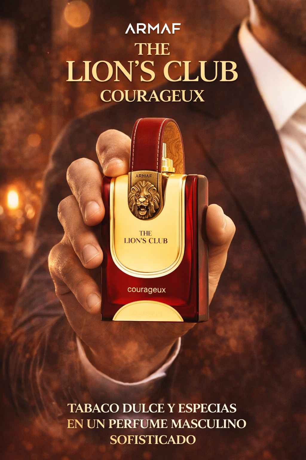 Armaf Courageux perfume en mano uso real mostrando diseño masculino