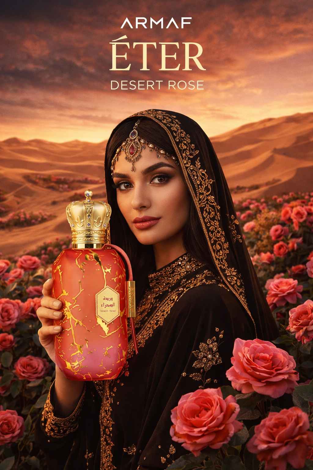 Armaf Eter Desert Rose en ambiente nocturno elegante