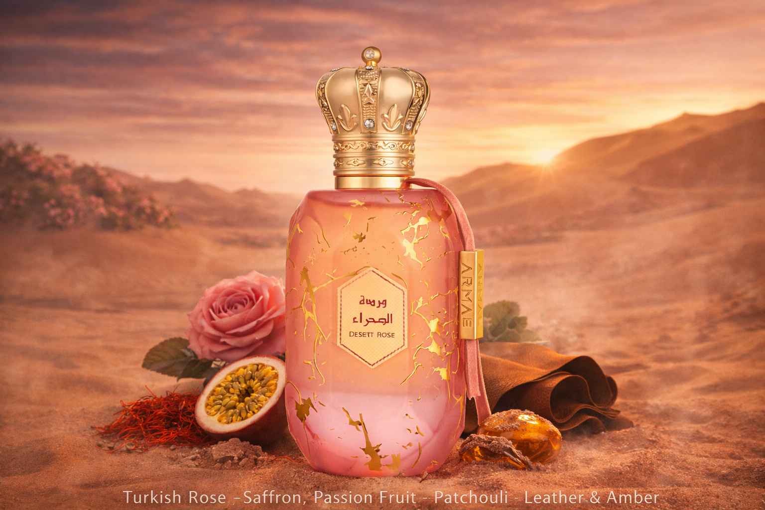 Armaf Eter Desert Rose rodeado de rosa, azafrán y cuero