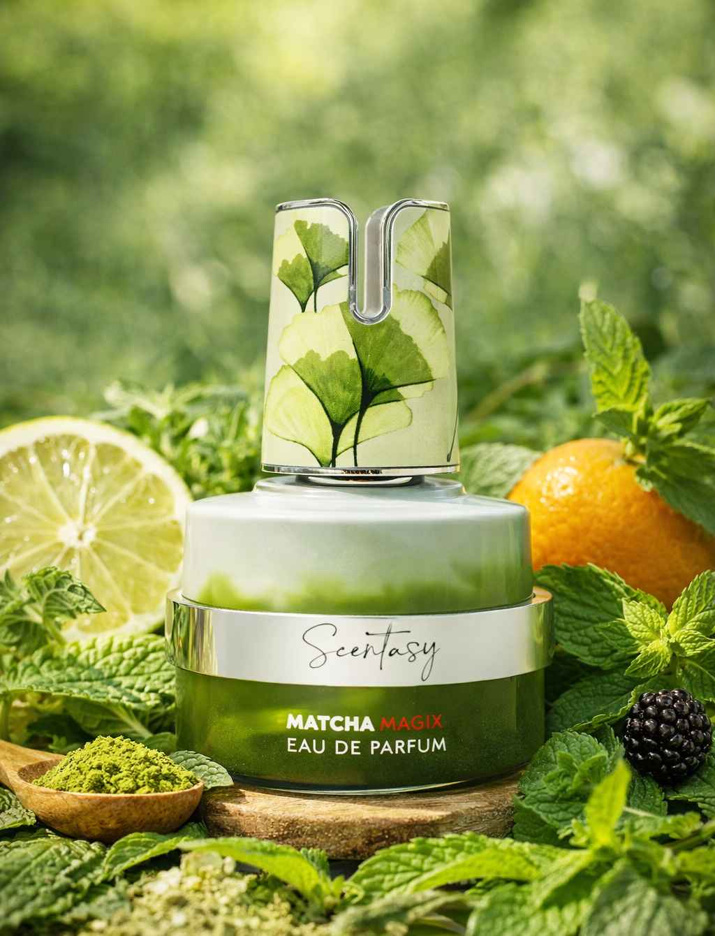 Armaf Matcha Magix frasco rodeado de té verde y cítricos en escena natural
