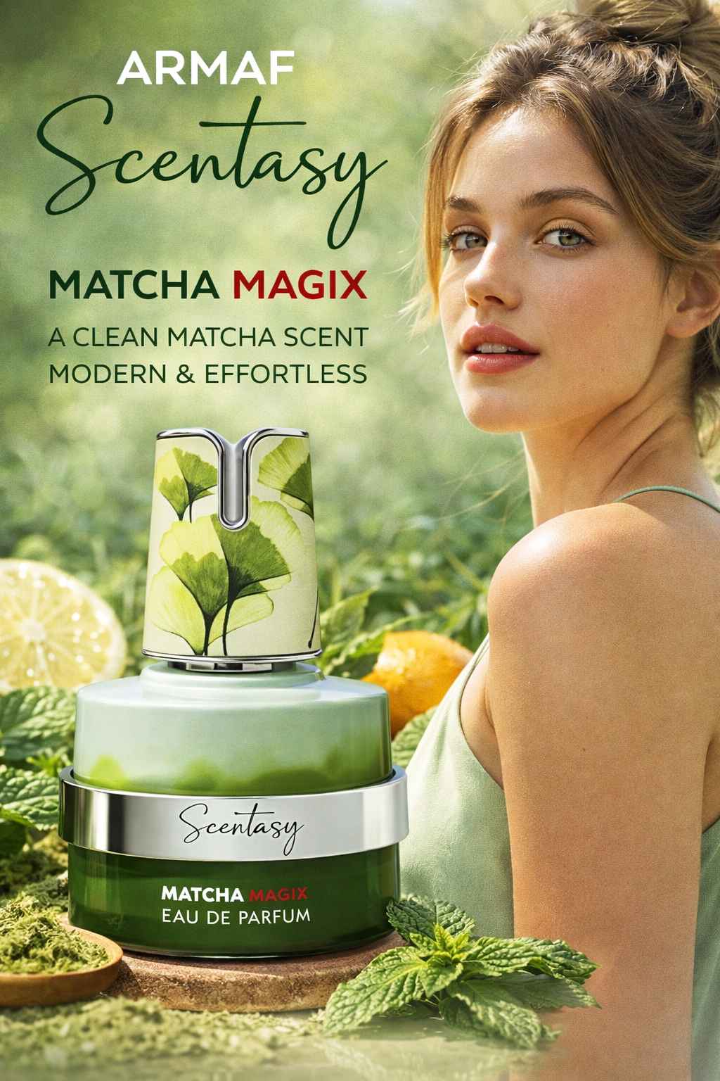 Armaf Matcha Magix perfume en anuncio con modelo en ambiente moderno relajado