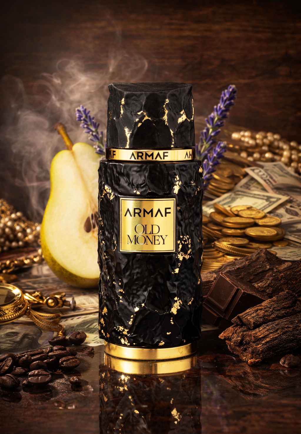 Frasco Old Money Armaf con iluminación suave resaltando tonos oscuros