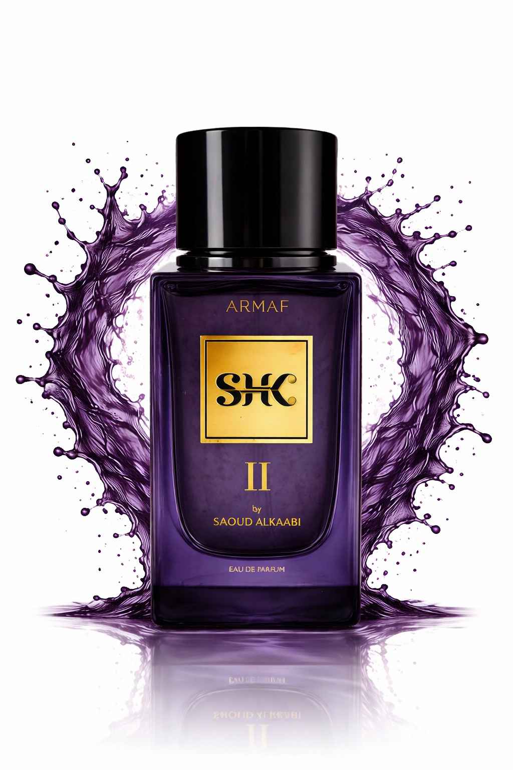 perfume armaf shk ii botella con liquido morado fondo blanco