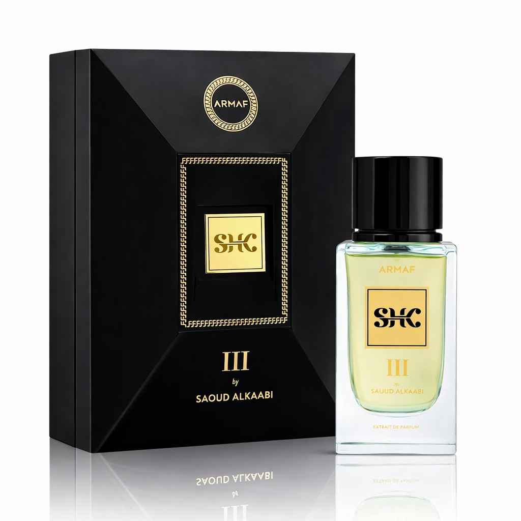perfume armaf shk iii con reflejo y presentación limpia minimalista