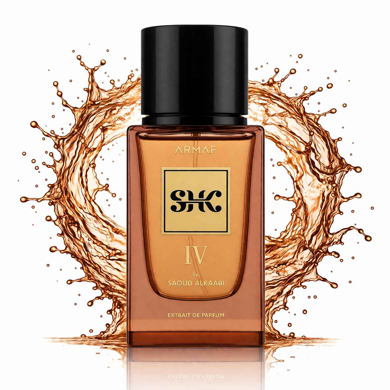 frasco armaf shk iv con liquido marron y fondo blanco elegante