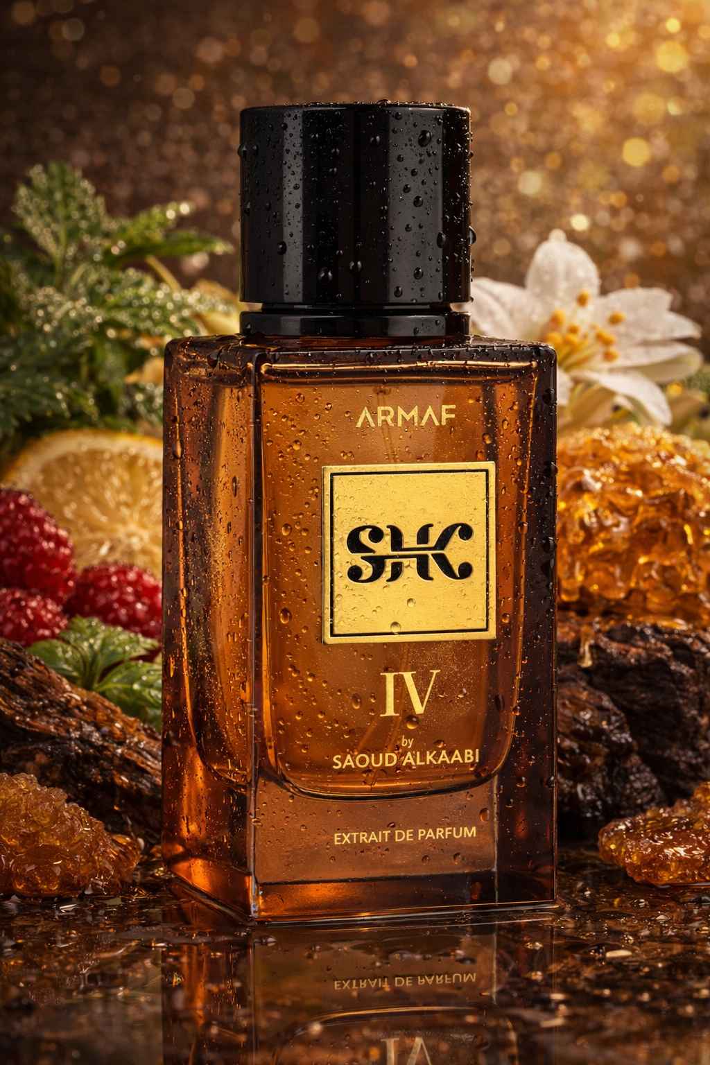 composición del perfume armaf shk iv con luz cálida y reflejos