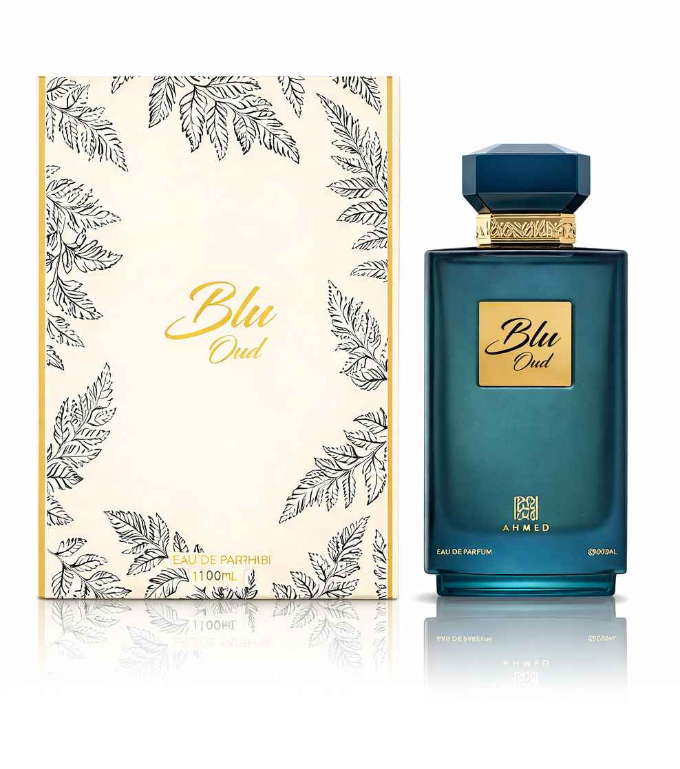 Blu Oud Ahmed Al Maghribi caja y frasco sobre fondo blanco con reflejo limpio