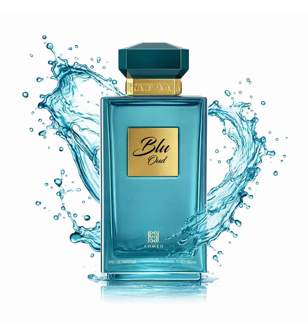Blu Oud Ahmed Al Maghribi frasco con salpicadura de líquido en movimiento sobre fondo blanco