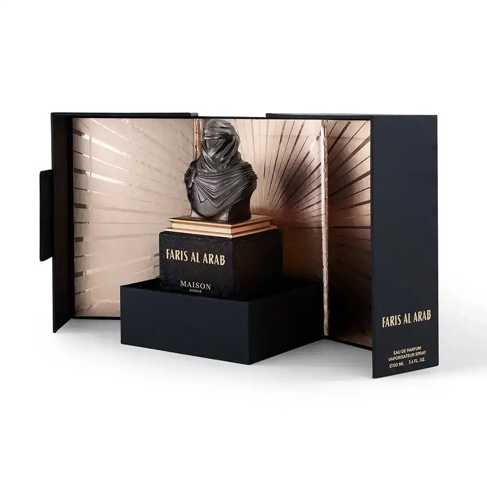 Maison Asrar Faris Al Arab presentación completa con caja oficial y frasco.