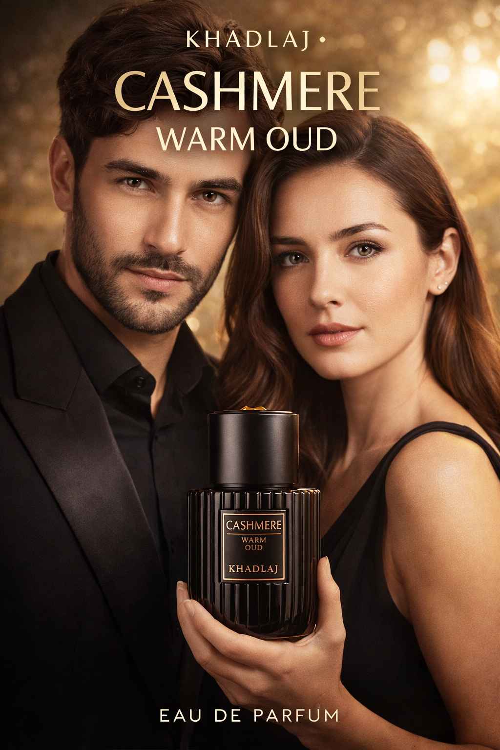 Khadlaj Cashmere Warm Oud modelo sosteniendo el frasco en escena publicitaria cuidada