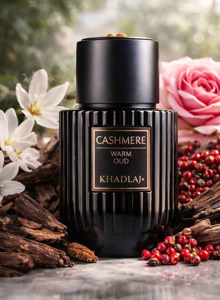 Khadlaj Cashmere Warm Oud primer plano del tapón y detalles del cristal