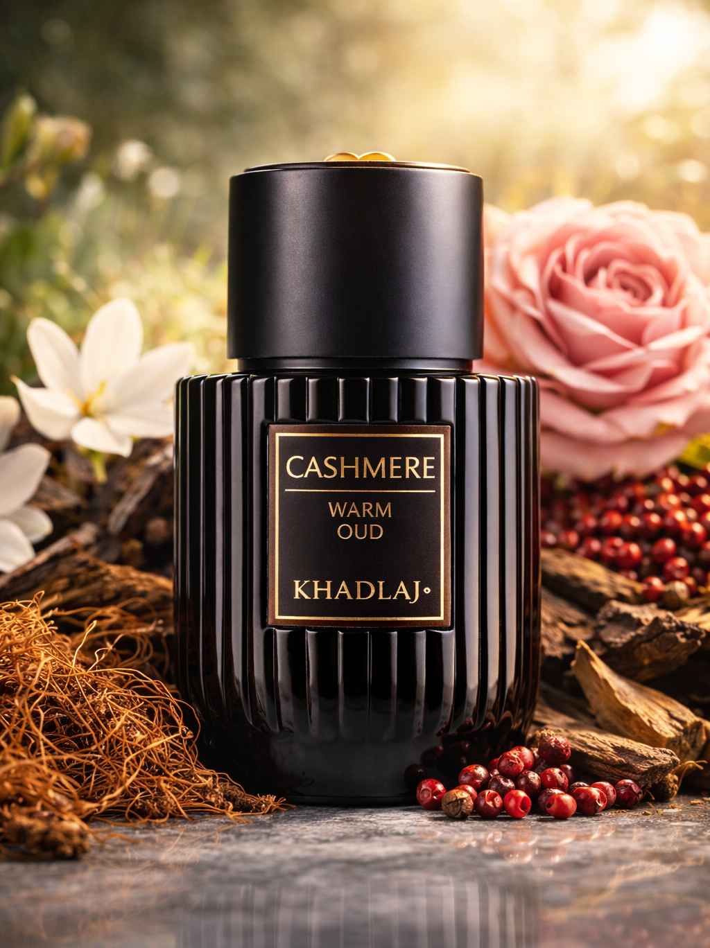 Khadlaj Cashmere Warm Oud escena con madera, especias y fondo natural iluminado