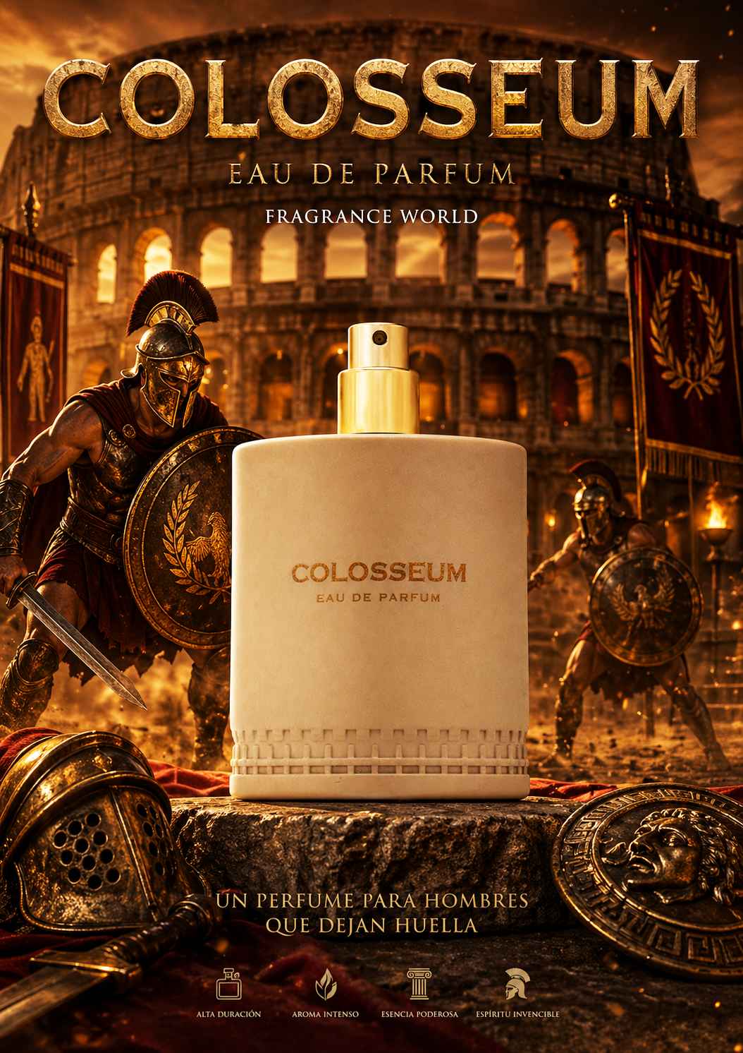 Fragrance World Colosseum imagen publicitaria con modelo en ambiente elegante nocturno