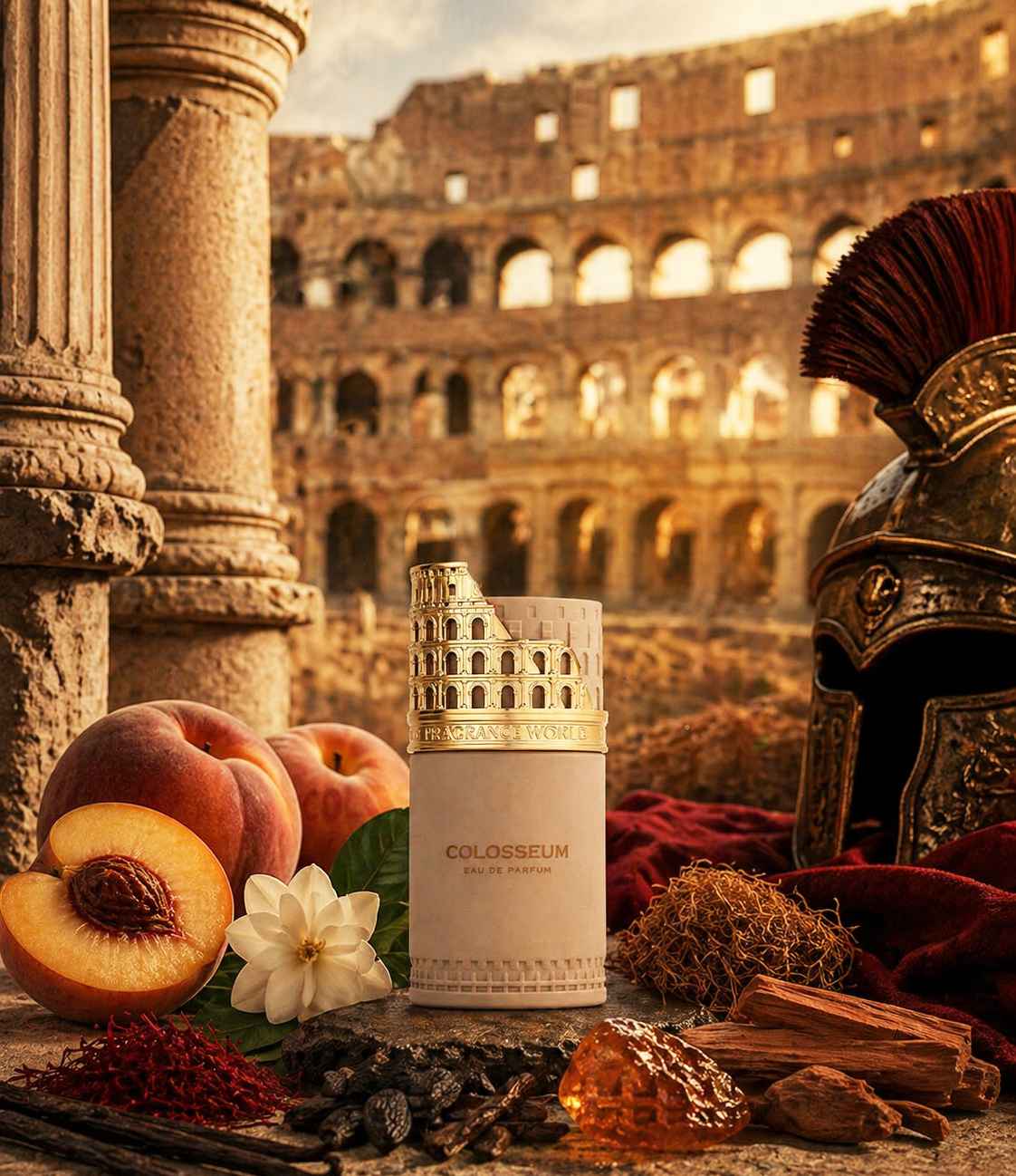 Fragrance World Colosseum composición creativa con fondo oscuro y luz ambiental