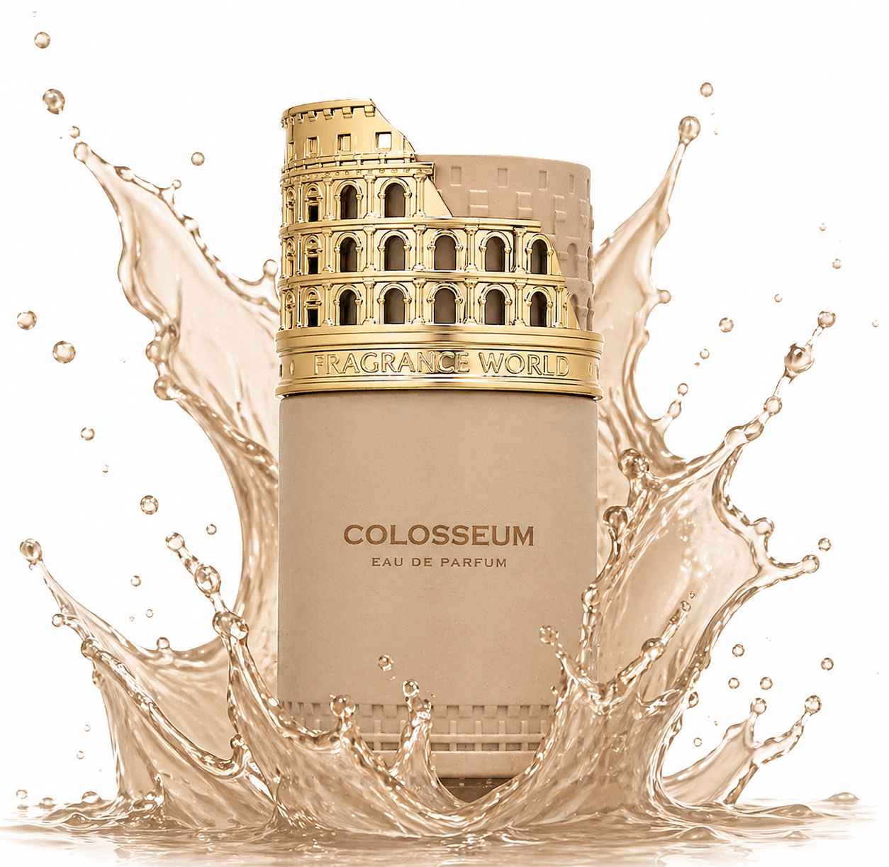 Fragrance World Colosseum frasco con líquido oscuro en movimiento estilo splash dinámico