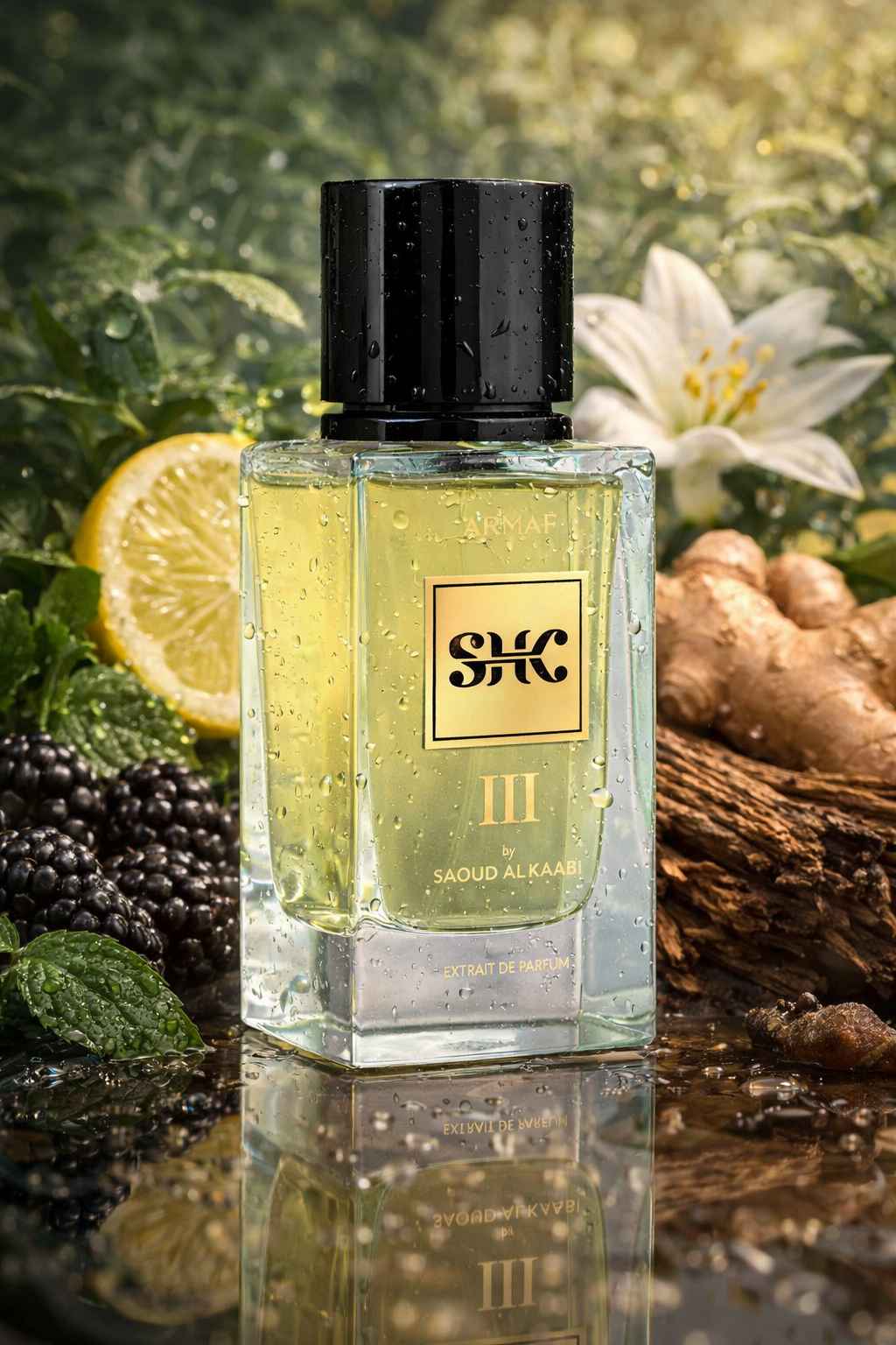 botella armaf shk iii detalle frontal con etiqueta dorada