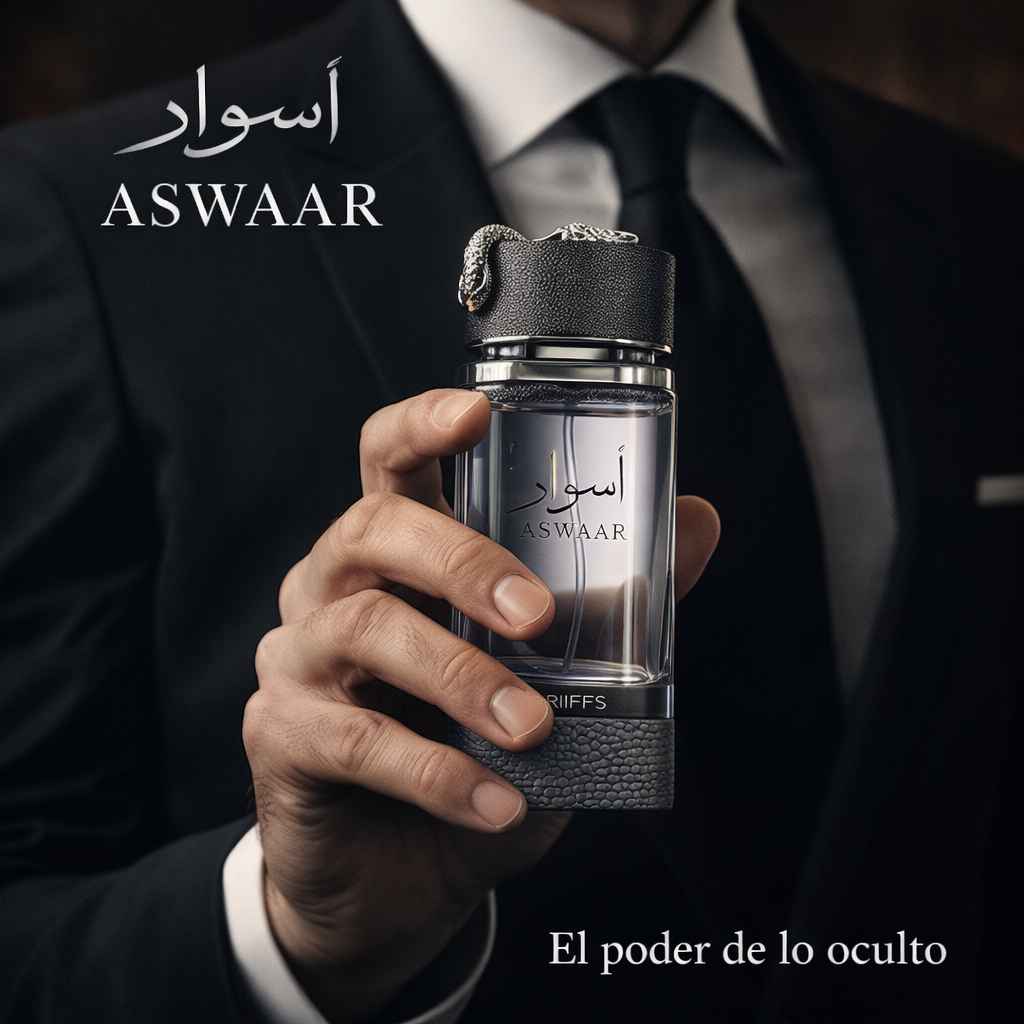 Imagen lifestyle perfume Aswaar Riiffs en ambiente oscuro elegante