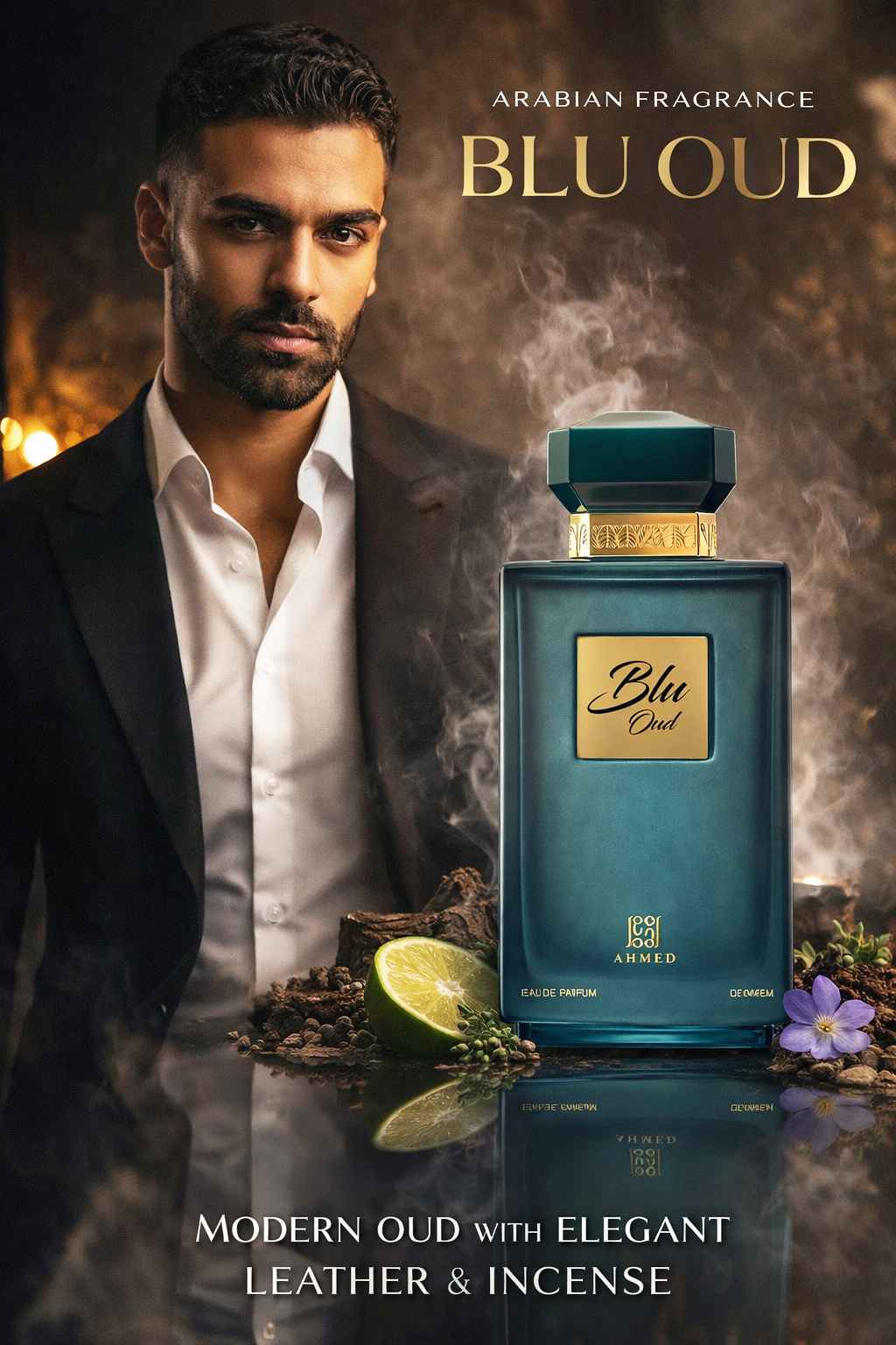 Blu Oud Ahmed Al Maghribi perfume con modelo en ambiente elegante nocturno