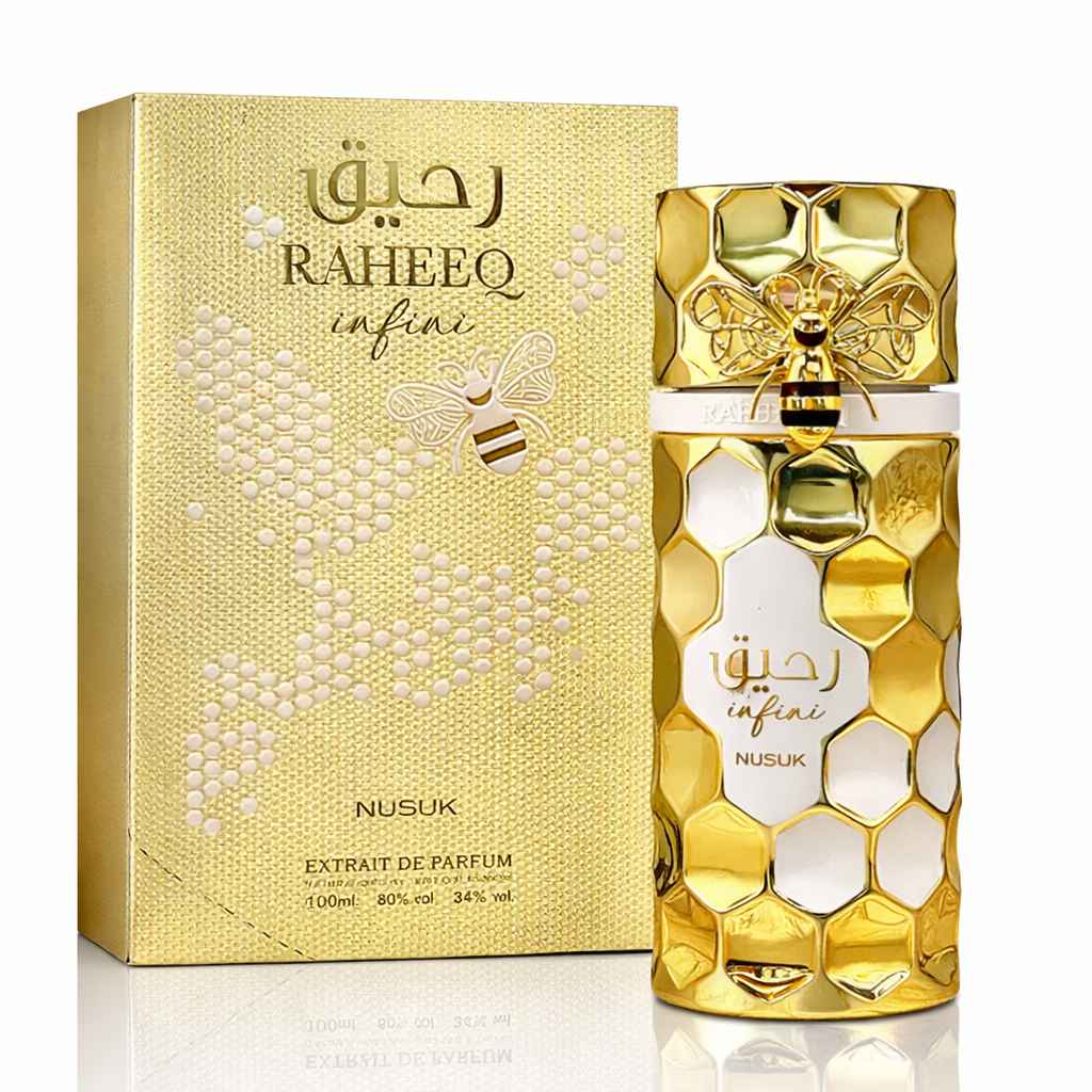 Frasco Raheeq Infini Nusuk con caja en fondo blanco estilo catálogo premium