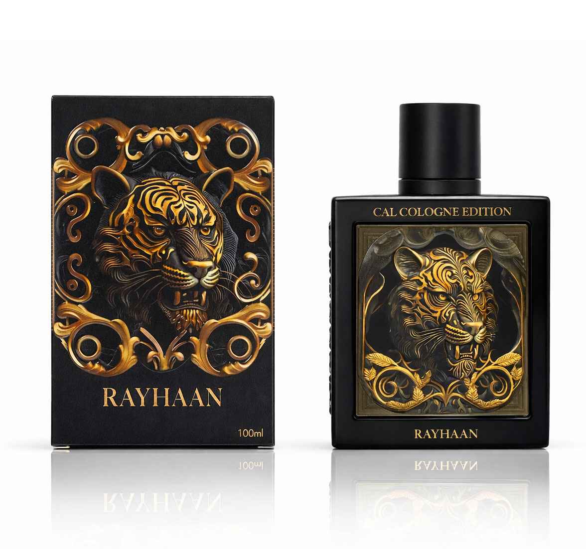 Rayhaan Tiger presentación completa con caja y botella en imagen tipo catálogo