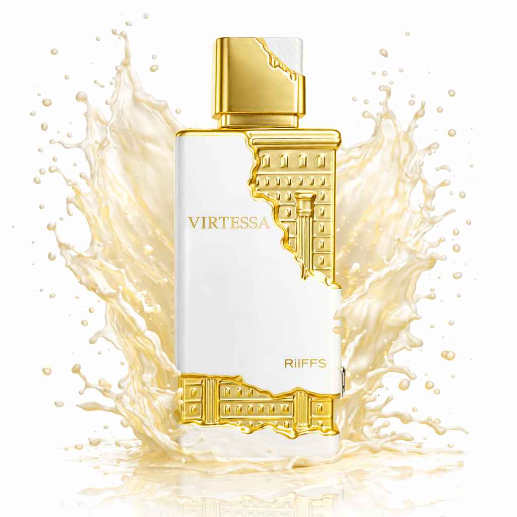 Perfume Virtessa Riiffs con splash elegante sobre fondo blanco luminoso