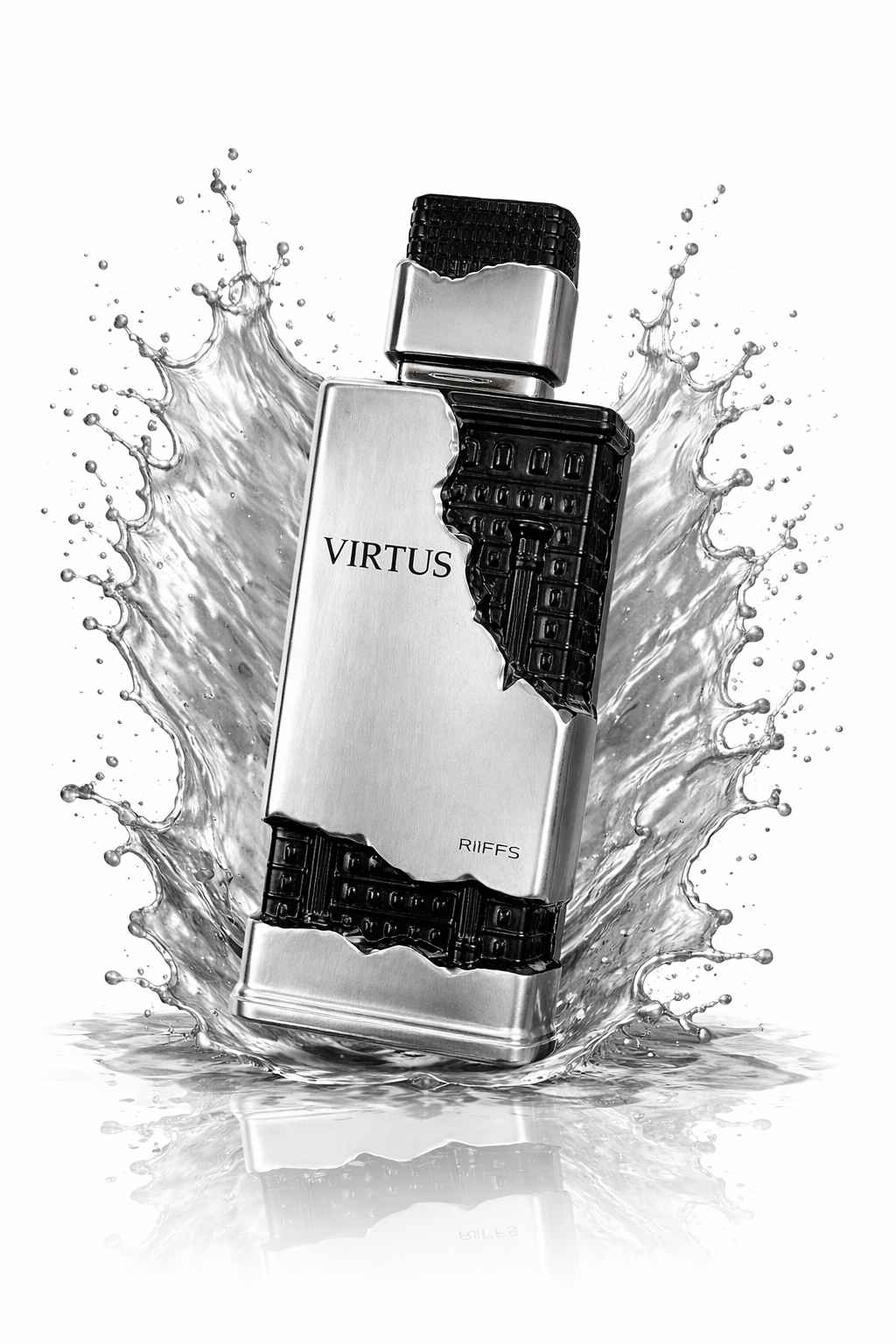 Perfume Virtus Riiffs con splash elegante sobre fondo blanco