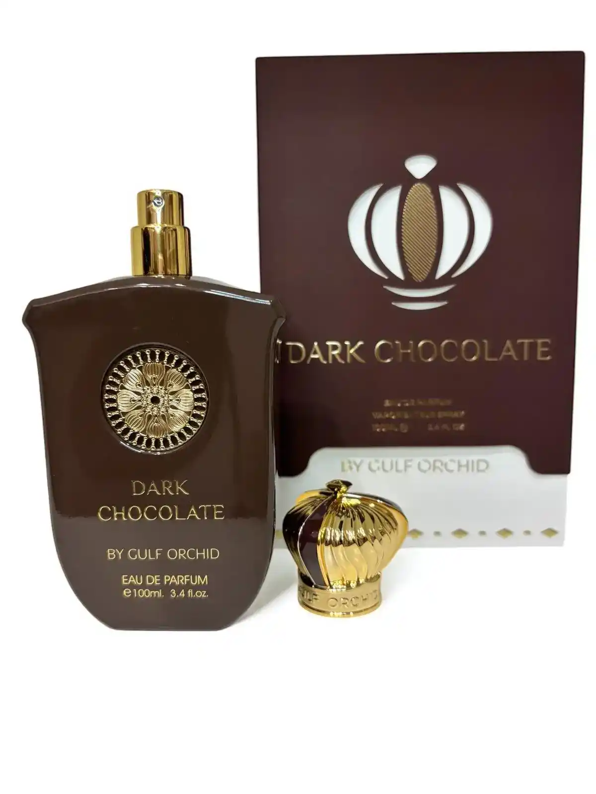 Gulf Orchid Dark Chocolate primer plano del tapón y cristal con detalles de textura
