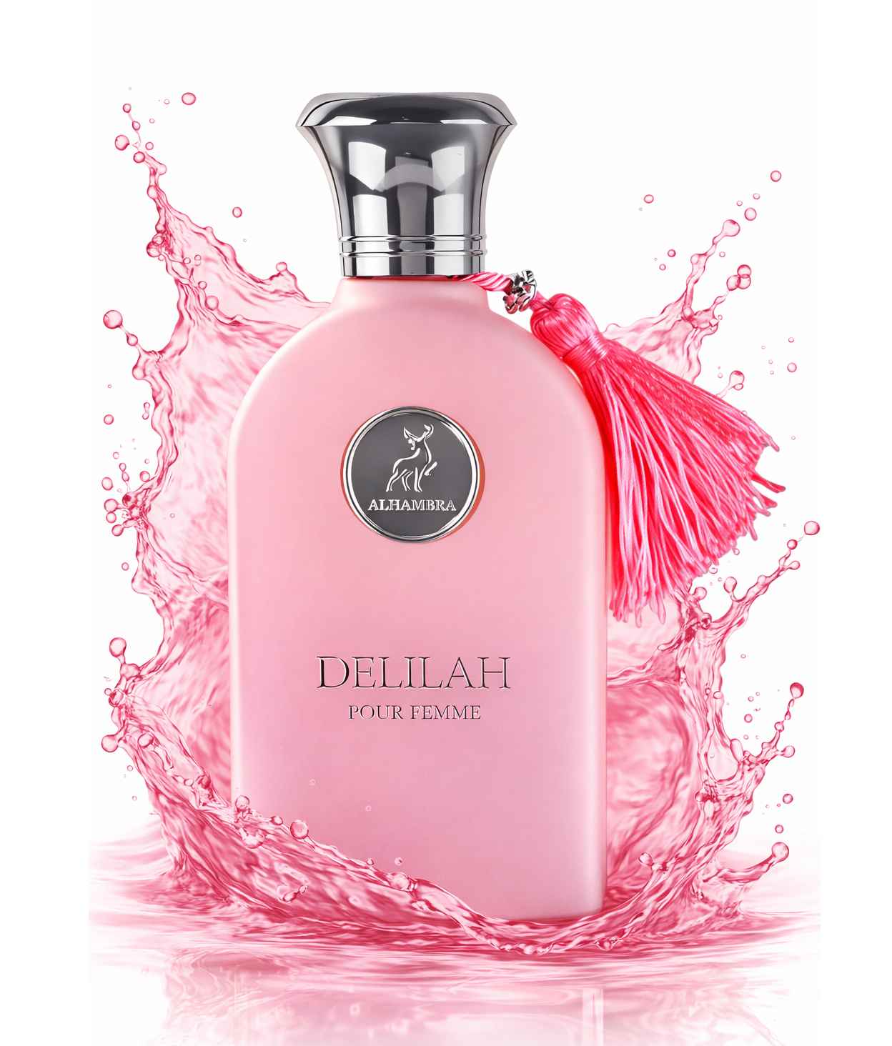 Maison Alhambra Delilah frasco perfume con salpicadura líquida en movimiento sobre fondo limpio
