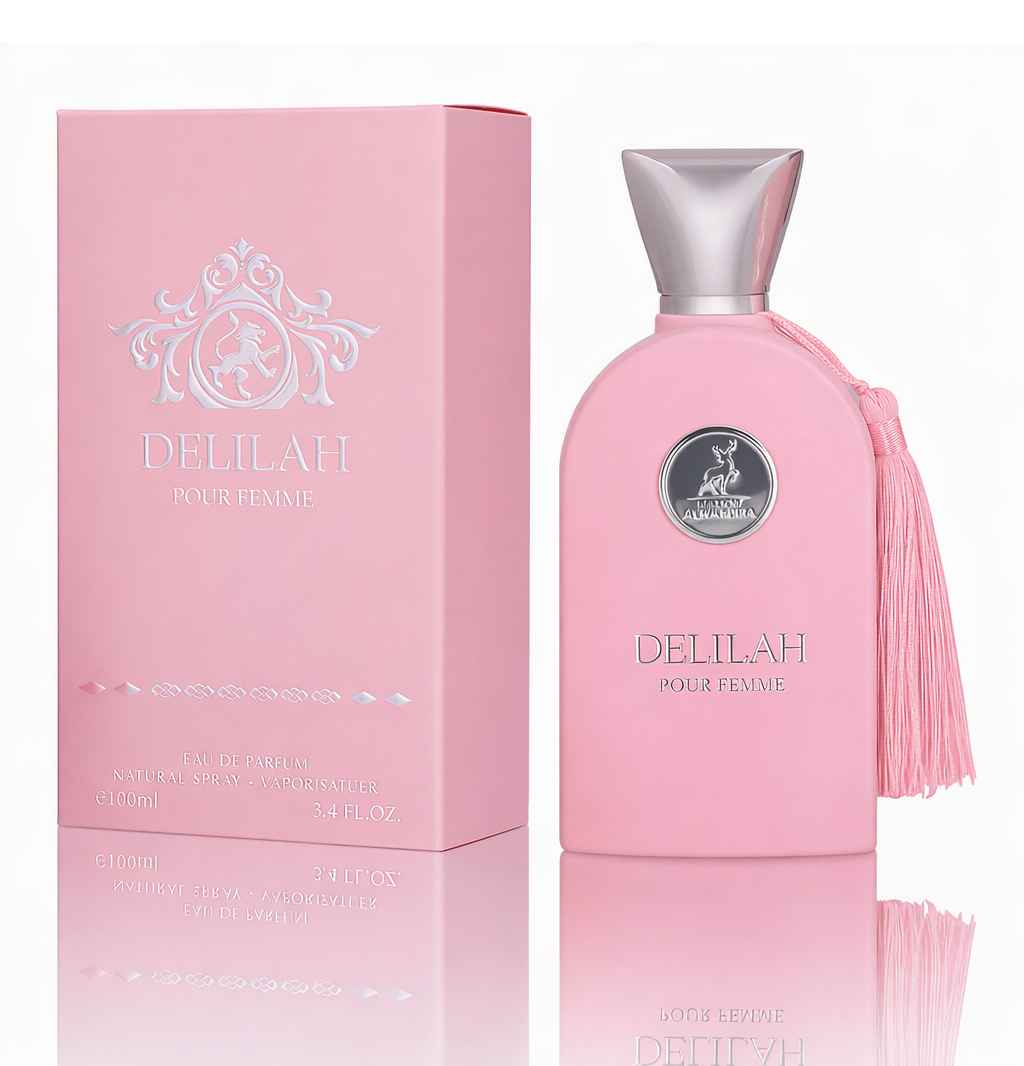 Maison Alhambra Delilah caja y frasco sobre fondo blanco estilo catálogo limpio