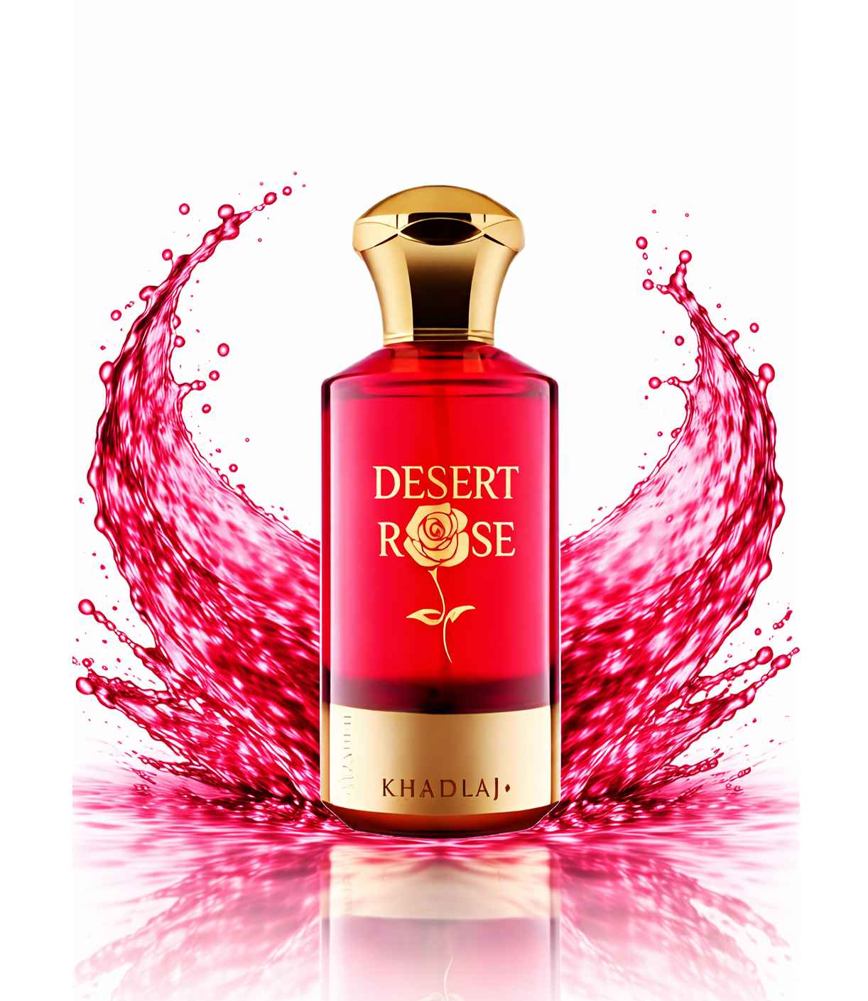 Khadlaj Desert Rose frasco con líquido rosado en movimiento efecto splash brillante