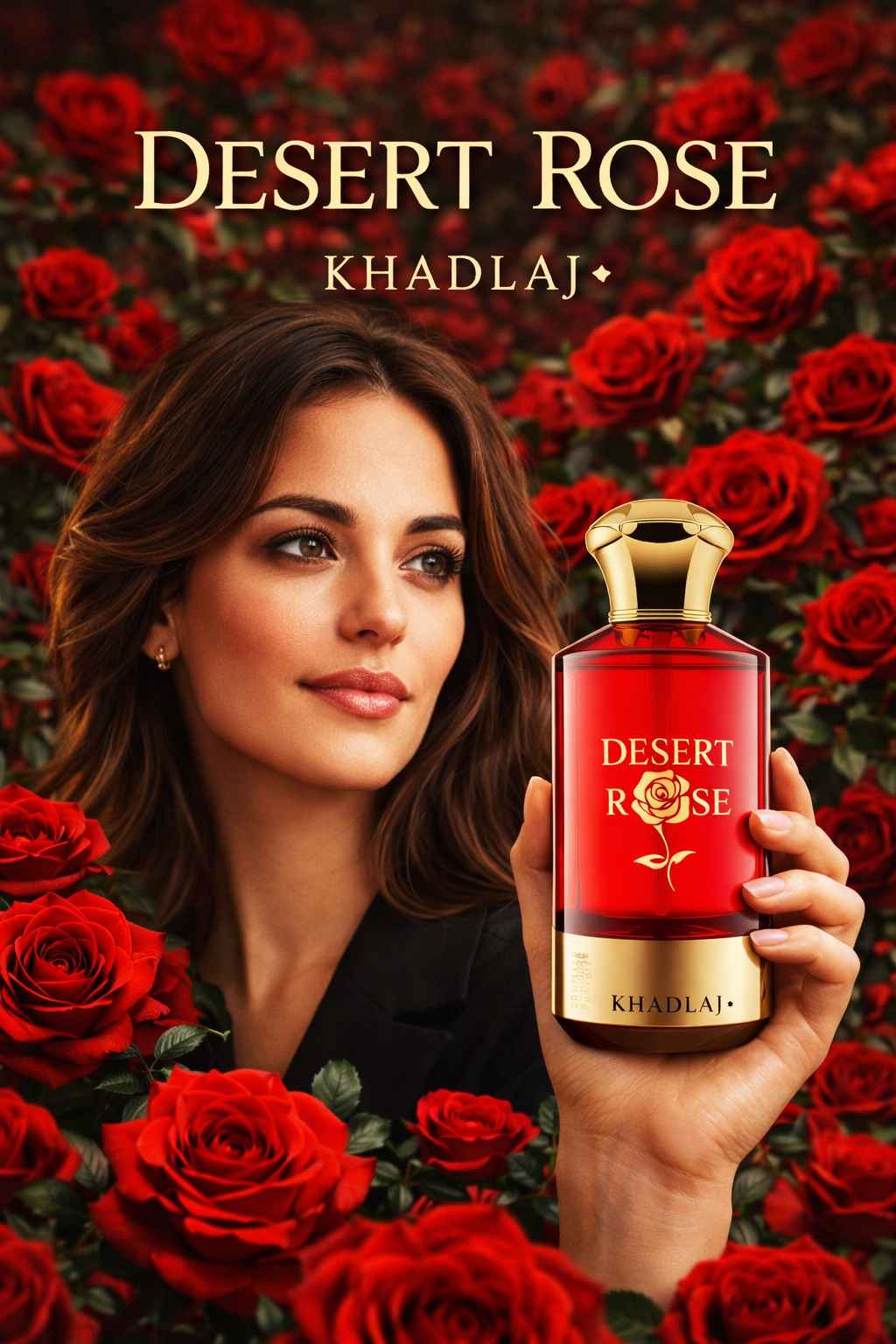Khadlaj Desert Rose imagen publicitaria con modelo en ambiente cálido suave