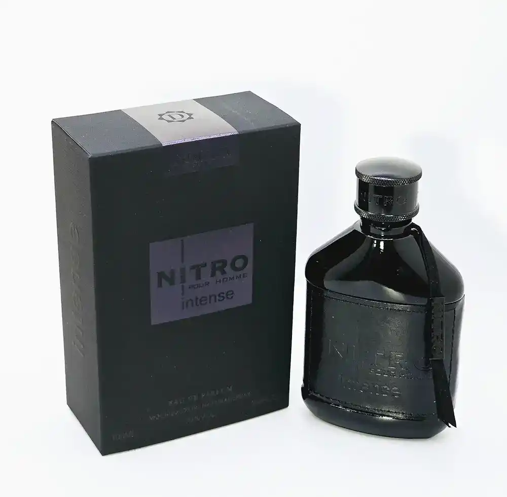 Dumont Nitro Intense presentación completa en estudio con caja y frasco bien iluminados