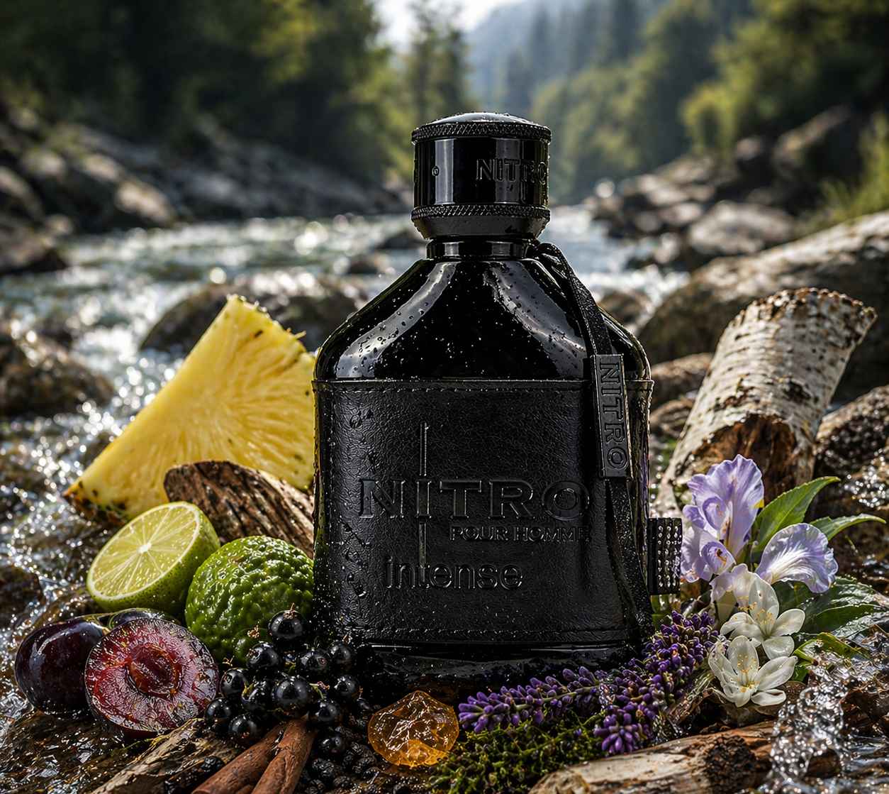 Dumont Nitro Intense rodeado de frutas maduras y maderas en composición natural
