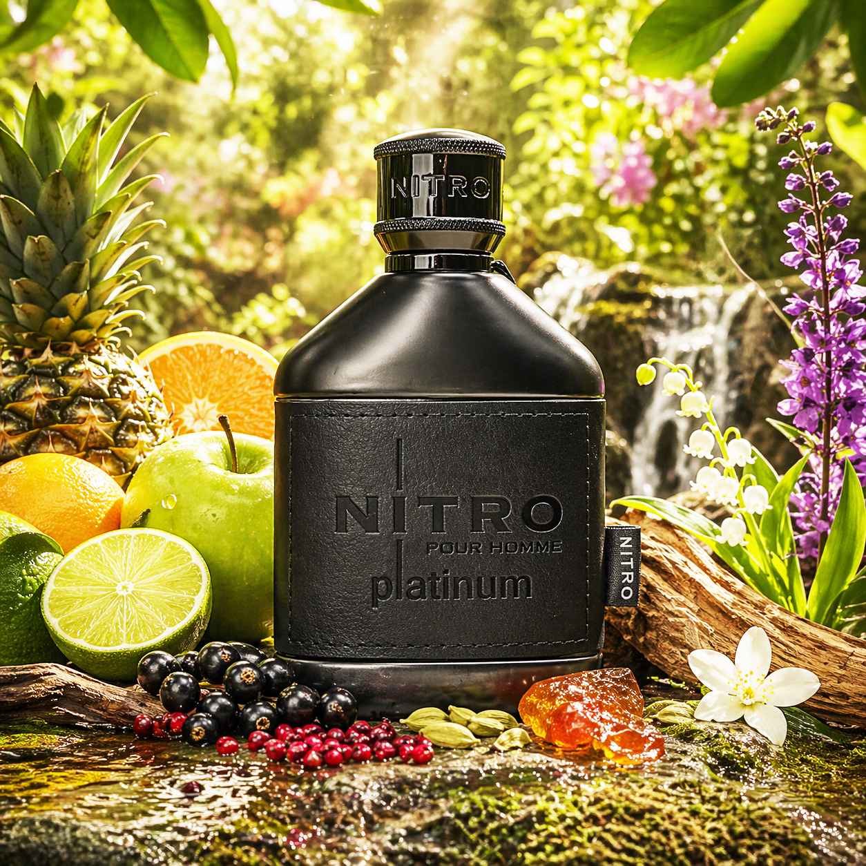 Dumont Nitro Platinum escena creativa con reflejos, salpicaduras y estética moderna masculina